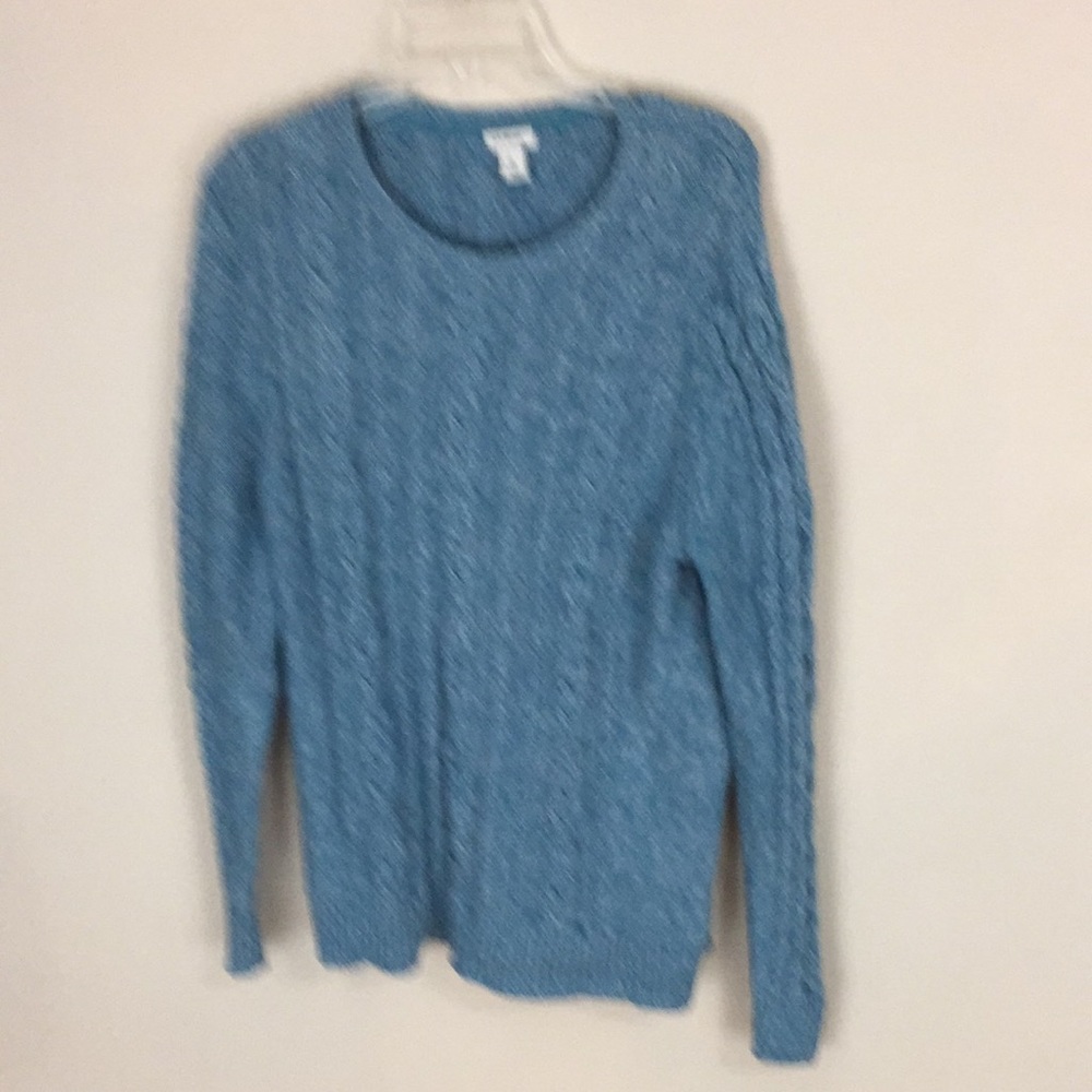 LL Bean Turquoise and Gray Tweed Cotton Cable Knit Sweater Size XL